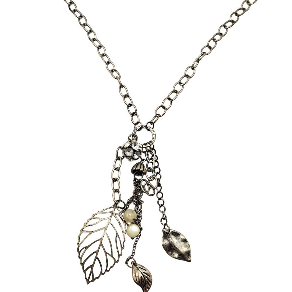 VTG Leaf Charm Y Necklace 28" Silver Tone Rhinestone Accent Fashion 80s Jewelry